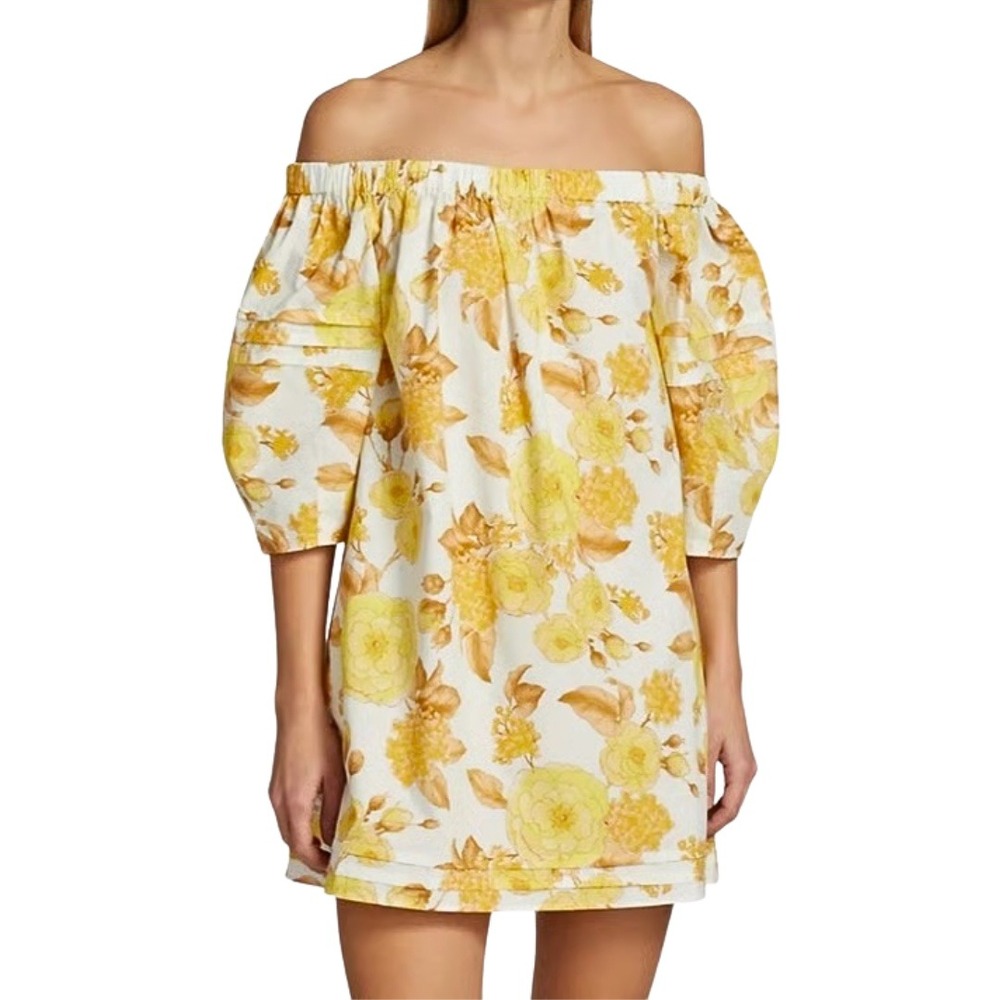 ba&sh Dress Womens Size 0 Yellow Nabi Floral Off-the-Shoulder Puff Sleeve Mini